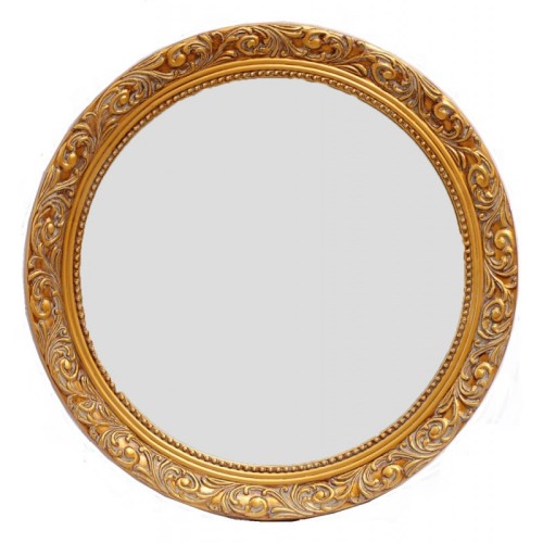 Καθρέφτης Στρογγυλός, Ταγυαρισμένος, Ξύλινος Και Σκαλιστός. Antique Gold. Εσωτερική Διάσταση:65cm