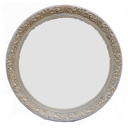 Καθρέφτης Στρογγυλός Ταγιαρισμένος, Ξύλινος Και Σκαλιστός. Light Grey Gold .Εσωτερική Διάσταση:65CM