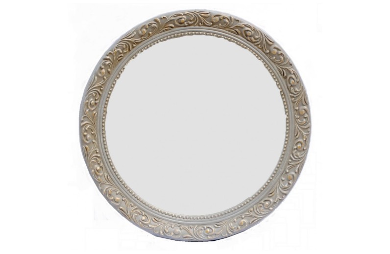 Καθρέφτης Στρογγυλός Ταγιαρισμένος, Ξύλινος Και Σκαλιστός. Light Grey Gold .Εσωτερική Διάσταση:65CM