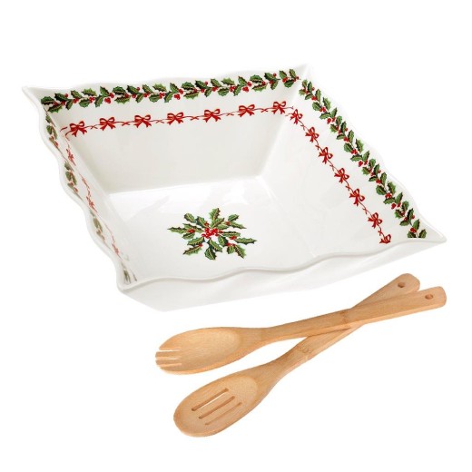 CRYSPO TRIO Noel Σαλατιέρα τετράγωνη πορσελάνινη με κουτάλες μπαμπού 