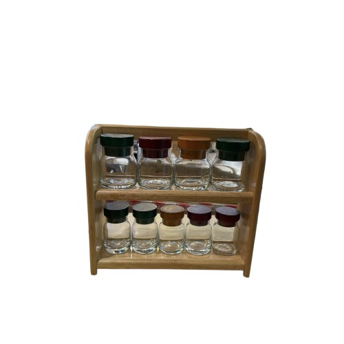 Βάση για μπαχαρικά ξύλινη σε φυσικό χρώμα με γυάλινα χρωματιστά βαζάκια 27x10x25 cm