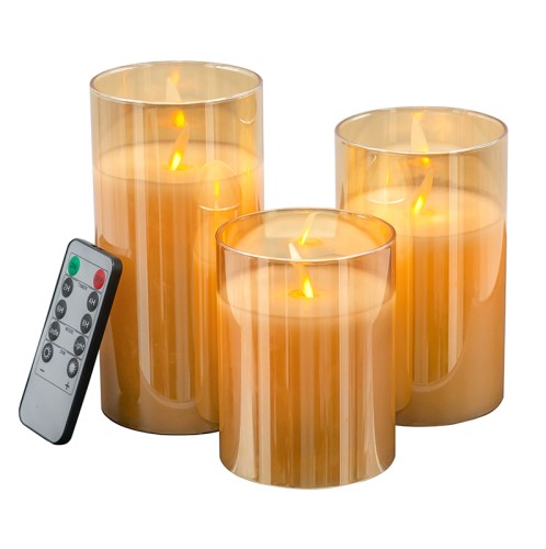 Κεριά πορτοκαλί γυαλί-κερί-φλόγα Led  ΣΕΤ/3 με τηλεχειριστήριο 7.6 X 7.6 X 15.2cm - 7.6cm  x 7.6cm  x 15.2cm