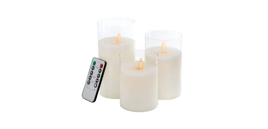 Κεριά λευκό γυαλί-κερί-φλόγα Led  ΣΕΤ/3 με τηλεχειριστήριο 7.6 X 7.6 X 15.2cm - 7.6cm  x 7.6cm  x 15.2cm