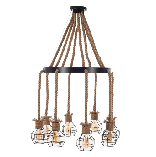 Artekko Hemp Rope Φωτιστικό Οροφής 8φωτο (Ε27) με Μαύρο Μέταλλο/Σχοινί (65x65x15)cm - 65cm  x 65cm  x 15cm