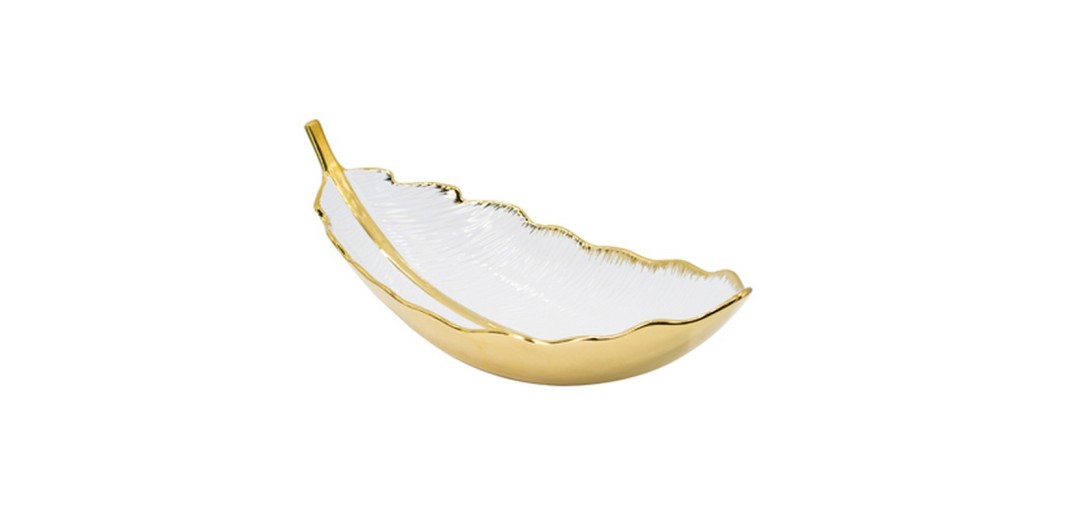 Artekko Leaf Bowl  Πιατέλα/Μπολ Διακοσμητικό Φύλλο Κεραμίκο Λευκό/Χρυσό (47x18x15.5)cm - 47cm  x 18cm  x 15.5cm