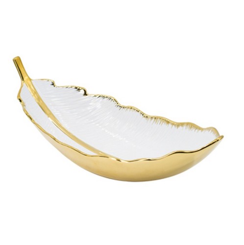 Artekko Leaf Bowl  Πιατέλα/Μπολ Διακοσμητικό Φύλλο Κεραμίκο Λευκό/Χρυσό (47x18x15.5)cm - 47cm  x 18cm  x 15.5cm