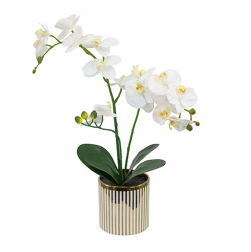 Artekko Orchid Τεχνητή ορχιδέα σε Κασπώ Πολυεστέρα/Κεραμικό/Πλαστικό Λευκό/Χρυσό (24x15x52)cm - 24cm  x 15cm  x 52cm
