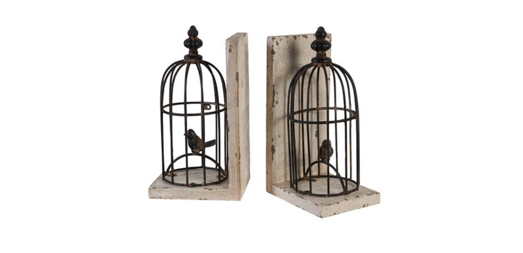 Artekko Birdcage Βιβλιοστάτες με Κλουβιά Μέταλλο Ξύλο (14x11x25)cm Σετ/2 - 14cm  x 11cm  x 25cm