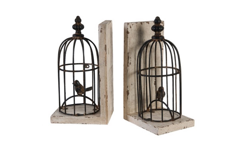 Artekko Birdcage Βιβλιοστάτες με Κλουβιά Μέταλλο Ξύλο (14x11x25)cm Σετ/2 - 14cm  x 11cm  x 25cm