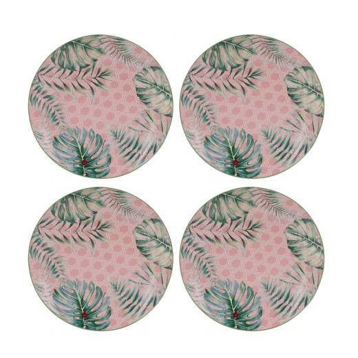 Artekko Tropical Πιάτα Ρηχά με Φύλλα Πήλινα Πράσινο Ροζ (20x20x2)cm Σετ/4 - 20.3cm  x 20.3cm  x 2cm