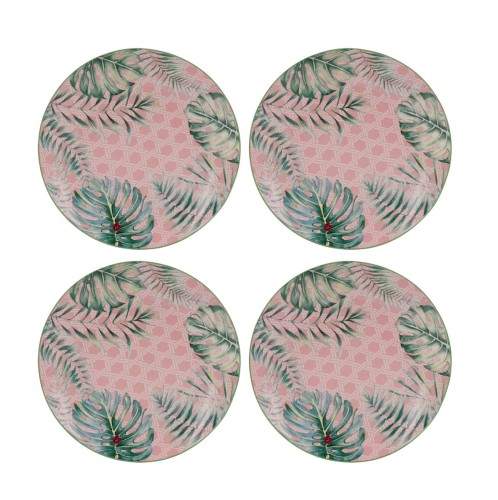 Artekko Tropical Πιάτα Ρηχά με Φύλλα Πήλινα Πράσινο Ροζ (20x20x2)cm Σετ/4 - 20.3cm  x 20.3cm  x 2cm