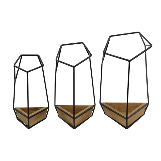 Artekko Planter Διακοσμητικό Κασπώ Επιτοίχιο Μέταλλο Ξύλο Καφέ Μαύρο (25x25x42)cm Σετ/3 - 25cm  x 25cm  x 42cm
