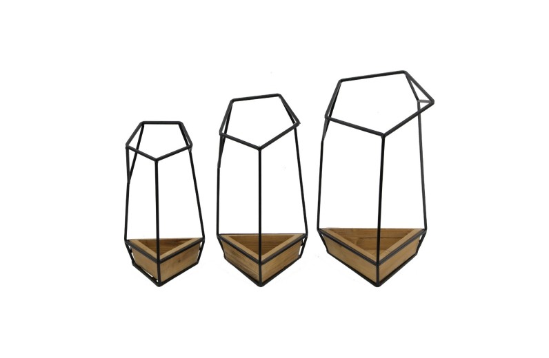 Artekko Planter Διακοσμητικό Κασπώ Επιτοίχιο Μέταλλο Ξύλο Καφέ Μαύρο (25x25x42)cm Σετ/3 - 25cm  x 25cm  x 42cm