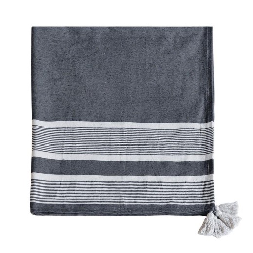 Artekko Blanket Ριχτάρι με Λευκές Φούντες 80% Βαμβάκι Γκρι Σκούρο Λευκό (152.4x127x0.6)cm - 152.4cm  x 127cm  x 0.6cm