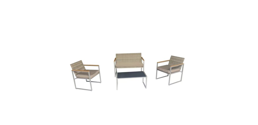 Artekko Rattan Διθέσιος Καναπές (115x60x80)cm 2x Πολυθρόνες (60x60x75)cm και Τραπέζι με Μαύρο Τζάμι (85x46x40)cm Γκρι Ανοιχτό Μεταλλικό Σκελετό με Ξύλο Πλαστικ Ρατάν και Μπεζ Μαξιλάρια Σετ/4 - 115cm  x 60cm  x 80cm