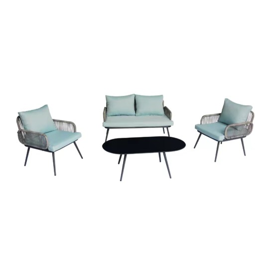 Artekko Rattan Διθέσιος Καναπές (120x70x75)cm 2x Πολυθρόνες (60x75x75)cm Τραπέζι με Τζάμι (110x55x40)cm με Πλαστικ Κορδόνι Μεταλλικό Σκελετό Γκρι και Γαλάζιο Μαξιλάρι Σετ/4 - 120cm  x 70cm  x 75cm