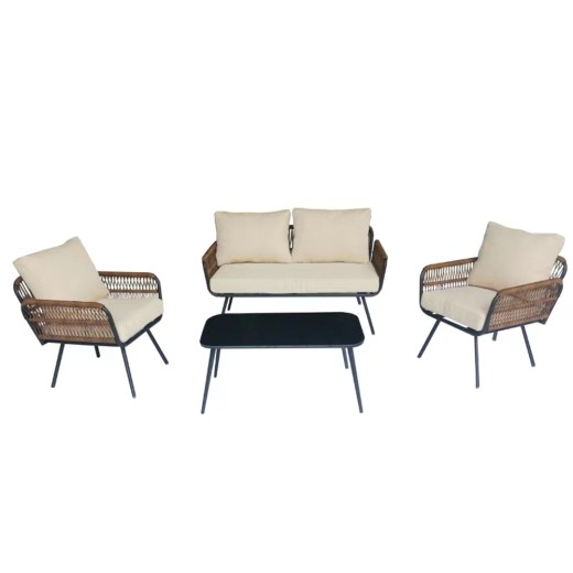 Artekko Rattan Καναπές (140x75x75)cm 2x Πολυθρόνες (66x75x75)cm Τραπέζι με Τζάμι (91x51x40)cm με Πλαστικ Κορδόνι Μεταλλικό  Μαύρο Σκελετό και Μπεζ Μαξιλάρι Σετ/4 - 140cm  x 75cm  x 75cm