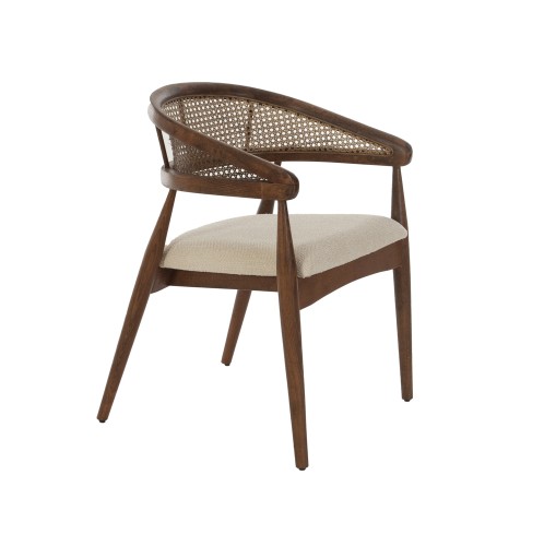 Artekko Maya Καφέ Ξύλινη Πολυθρόνα με Ψάθα και Μπεζ Μπουκλέ Ύφασμα (53x50x76)cm - 53cm  x 50cm  x 76cm