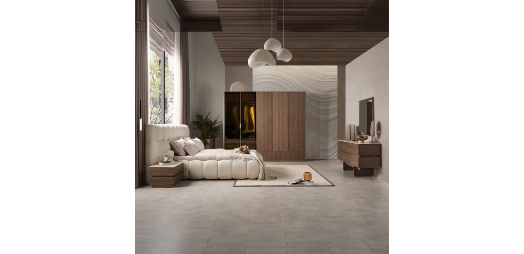 Artekko Midnight Εκρού Υφασμάτινο Διπλό Κρεβάτι (260x230x125)cm για Στρώμα(180x200) MDF 2pcs Κομοδίνα (65x48x40)cm Ντουλάπα με Καθρέπτη και Φωτισμό (270x63x230)cm Συρταριέρα (160x48x78)cm και Καθρέπτη (90x90x5)cm - 260cm  x 230cm  x 125cm