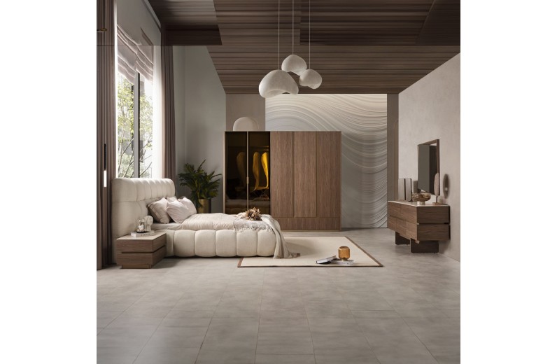 Artekko Midnight Εκρού Υφασμάτινο Διπλό Κρεβάτι (260x230x125)cm για Στρώμα(180x200) MDF 2pcs Κομοδίνα (65x48x40)cm Ντουλάπα με Καθρέπτη και Φωτισμό (270x63x230)cm Συρταριέρα (160x48x78)cm και Καθρέπτη (90x90x5)cm - 260cm  x 230cm  x 125cm