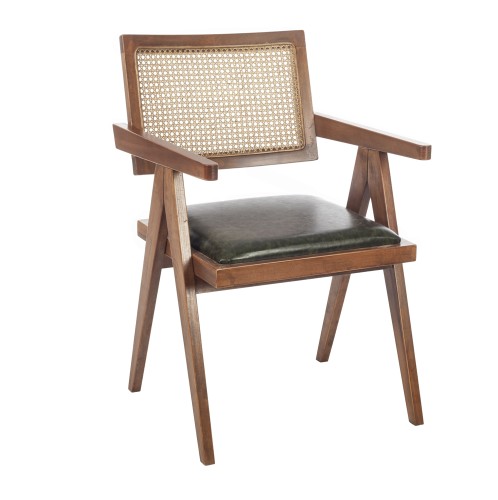 Artekko Suva Rattan Καρέκλα με Καφέ Ξύλινο Σκελετό με Ψάθα και Πράσινο Τεχνόδερμα (52x55x80)cm - 52cm  x 55cm  x 80cm