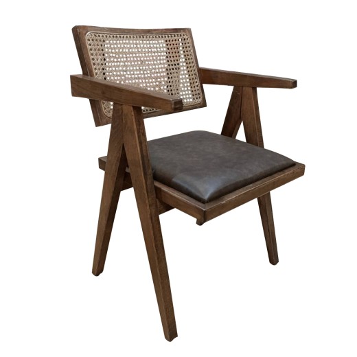 Artekko Suva Rattan Καρέκλα με Καφέ Ξύλινο Σκελετό με Ψάθα και Καφέ Τεχνόδερμα (52x55x80)cm - 52cm  x 55cm  x 80cm