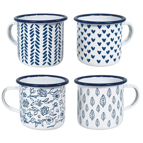 Artekko Mug Λευκές Μεταλλικές Κούπες με Μπλε Σχέδια (12x9x9)cm 4pcs - 12cm  x 9cm  x 9cm