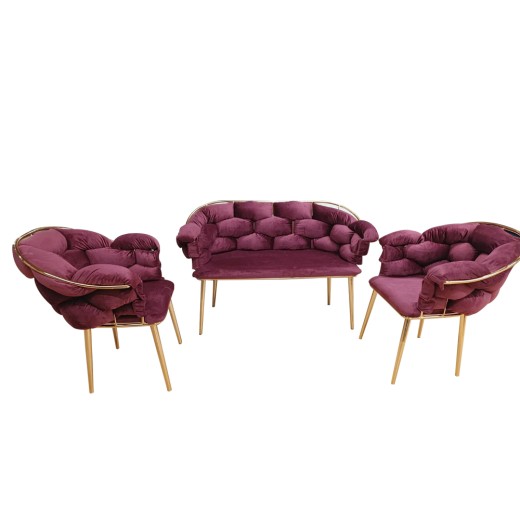 Artekko Balon Βελούδινο Μπορντό Σαλόνι με Διθέσιο Καναπέ και 2 Πολυθρόνες (135x65x80)cm (75x65x80)cm - 135cm  x 60cm  x 80cm