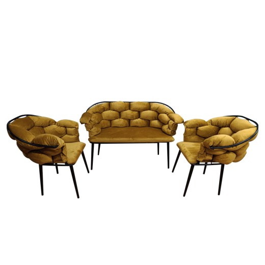 Artekko Balon Βελούδινο Σετ Σαλονιού σε Ώχρα Διθέσιος Καναπές (135x60x80)cm 2pcs Πολυθρόνες (75x60x80)cm με Μαύρο Μεταλλικό Σκελετό - 135cm  x 60cm  x 80cm