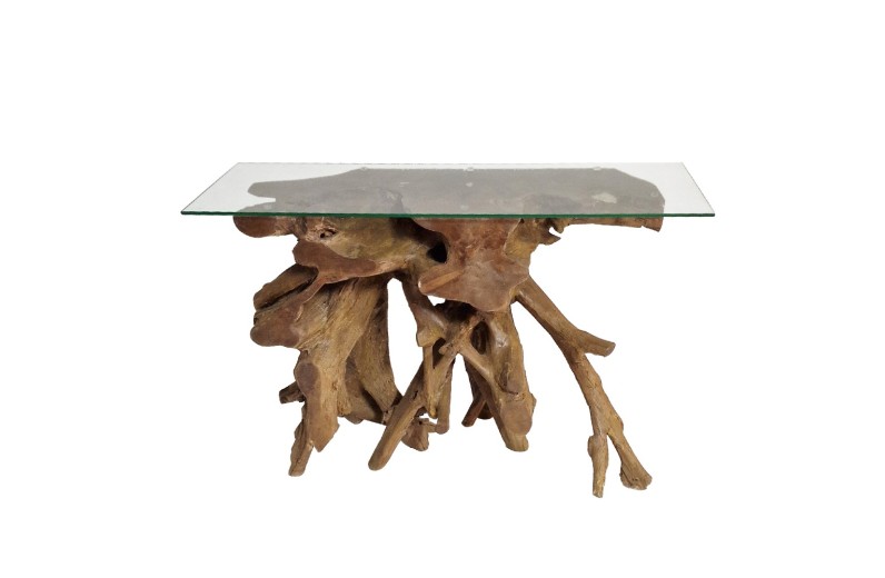 Artekko Munggur Ξύλινη Κονσόλα από Ρίζα Teak σε Φυσική Απόχρωση (100x40x78)cm με Τζάμι (120x45)cm - 120cm  x 45cm  x 78cm