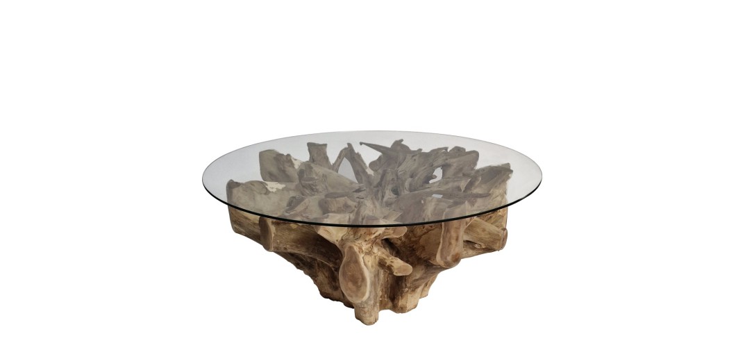 Artekko Munggur Ξύλινο Τραπέζι Σαλονιού από Ρίζα Teak σε Φυσική Απόχρωση (Φ100x51)cm με Τζάμι Φ120cm - 120cm  x 120cm  x 51cm