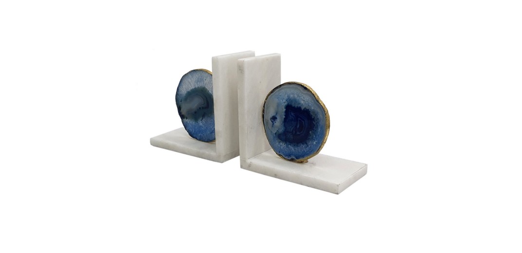 Artekko Agate Βιβλιοστάτης με Αχάτη Μάρμαρο Μπλε Χρυσό (14x8x14)cm Σετ/2 - 14cm  x 8cm  x 14cm