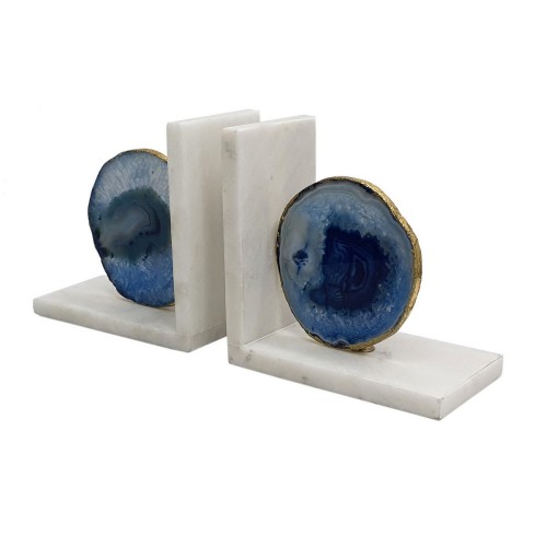 Artekko Agate Βιβλιοστάτης με Αχάτη Μάρμαρο Μπλε Χρυσό (14x8x14)cm Σετ/2 - 14cm  x 8cm  x 14cm