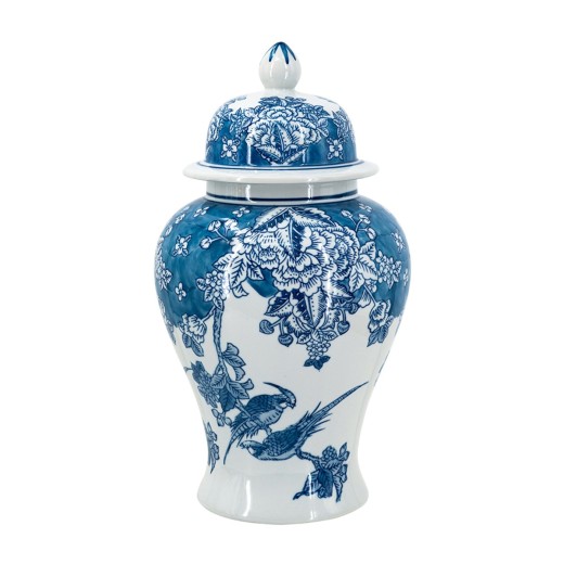 Artekko Melania Διακοσμητικό Δοχείο Βάζο με Καπάκι Πορσελάνης σε Άσπρο με Μπλε (21x21x29.5)cm - 21cm  x 21cm  x 29.5cm