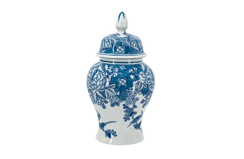 Artekko Melania Διακοσμητικό Δοχείο Βάζο με Καπάκι Πορσελάνης σε Άσπρο με Μπλε (17x17x31.5)cm - 17cm  x 17cm  x 31.5cm