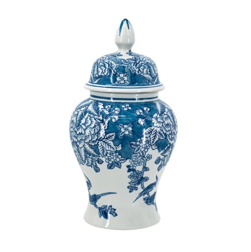 Artekko Melania Διακοσμητικό Δοχείο Βάζο με Καπάκι Πορσελάνης σε Άσπρο με Μπλε (17x17x31.5)cm - 17cm  x 17cm  x 31.5cm