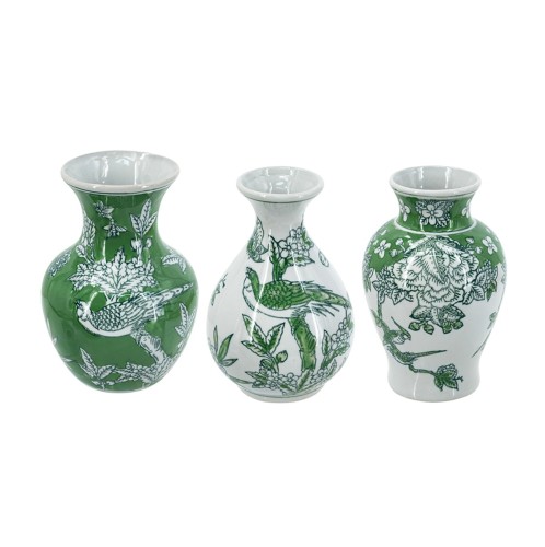 Artekko Melania Διακοσμητικά Βάζα Πορσελάνης σε Άσπρο με Πράσινο (10x10x15.5)cm 3pcs - 10cm  x 10cm  x 15.5cm
