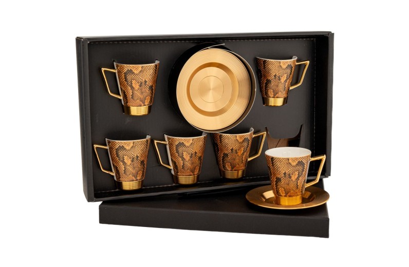 ΣΕΤ 6 ΧΡΥΣΟ ΜΕ ΦΙΔΙΣΙΟ ΜΟΤΙΒΟ ΦΛΥΤΖΑΝΙ ΜΕ ΠΙΑΤΑΚΙ ΚΕΡΑΜΙΚΟ+ΜΕΤΑΛΛΟ  6x7 11εκ πιατάκι