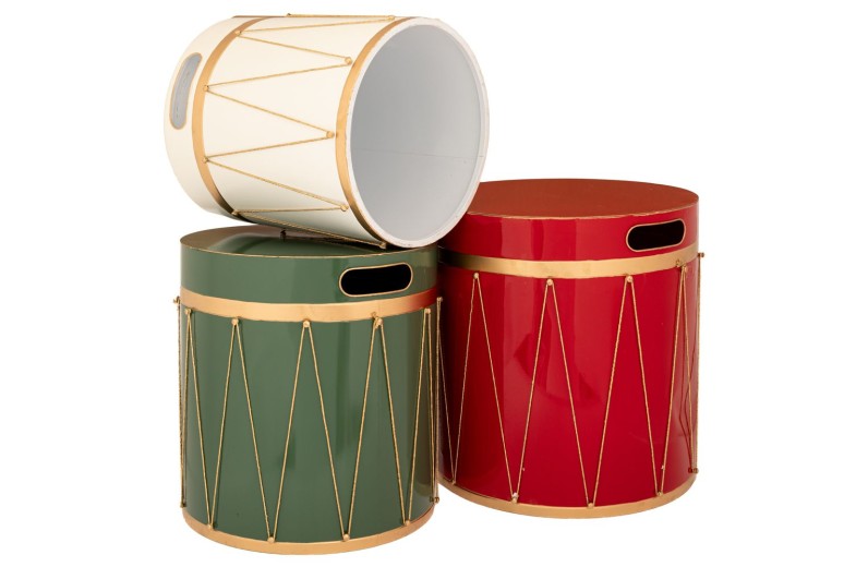 ΣΕΤ 3 ΚΟΚΚΙΝΟ ΠΡΑΣΙΝΟ ΛΕΥΚΟ  ΜΕΤΑΛΛΙΚΟ ΚΟΥΤΙ ΜΕ ΣΧΕΔΙΟ ΤΥΜΠΑΝΟ Φ45Χ44.5ΕΚ Φ40Χ40.5ΕΚ Φ34Χ36