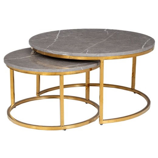 ΣΕΤ 2 ΧΡΥΣΟ ΜΕΤΑΛΛΙΚΟ ΣΤΡΟΓΓΥΛΟ ΤΡΑΠΕΖΙ ΜΕ ΓΚΡΙ ΕΠΙΦΑΝΕΙΑ ΜΕ ΕΦΕ ΜΑΡΜΑΡΟΥ Φ80Χ42,5 Φ60Χ36,5ΕΚ