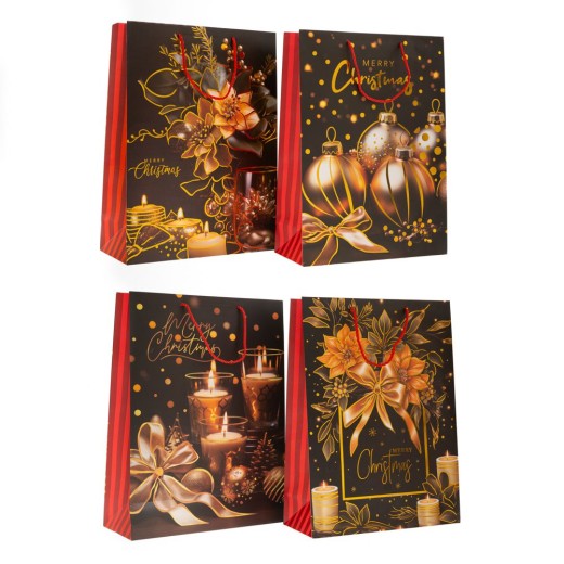 ΜΑΥΡΗ ΚΟΚΚΙΝΗ ΧΑΡΤΙΝΗ ΣΑΚΟΥΛΑ ΜΕ ΧΡΥΣΑ ΧΡΙΣΤΟΥΓΕΝΝΙΑΤΙΚΑ ΣΧΕΔΙΑ 40Χ56Χ13ΕΚ