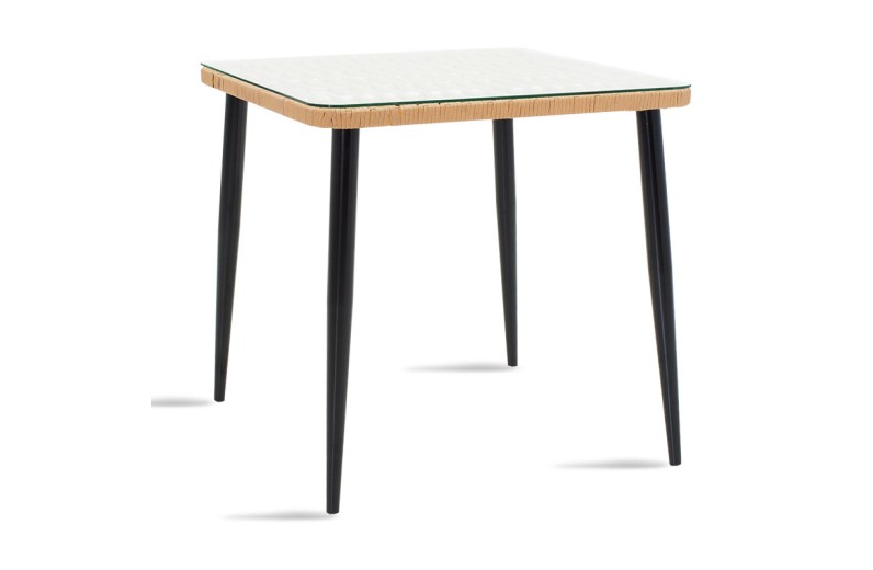 Τραπέζι Naoki pakoworld μέταλλο μαύρο-pe φυσικό-γυαλί 80x80x78εκ