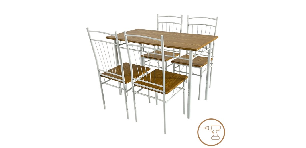 Τραπεζαρία Reforia pakoworld σετ 5τμχ mdf σε φυσική απόχρωση με λευκά μεταλλικά πόδια 110x60x74εκ