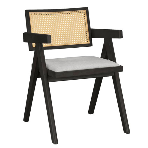 ΣΕΤ 2 TMX Πολυθρόνα Winslow pakoworld ξύλο rubberwood μαύρο-pvc rattan φυσικό-ύφασμα γκρι
