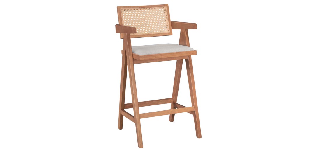ΣΕΤ 2 TMX Σκαμπό bar Winslow pakoworld ξύλο rubberwood ανοικτό καρυδί-pvc rattan φυσικό-ύφασμα γκρι