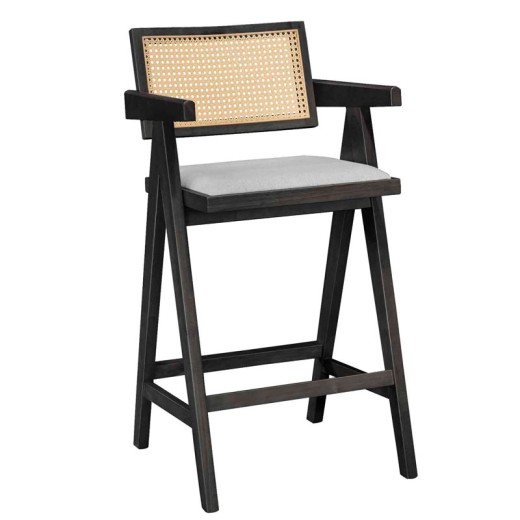 ΣΕΤ 2 TMX Σκαμπό bar Winslow pakoworld ξύλο rubberwood μαύρο-pvc rattan φυσικό-ύφασμα γκρι