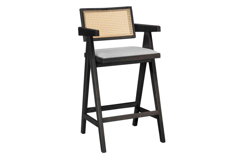 ΣΕΤ 2 TMX Σκαμπό bar Winslow pakoworld ξύλο rubberwood μαύρο-pvc rattan φυσικό-ύφασμα γκρι
