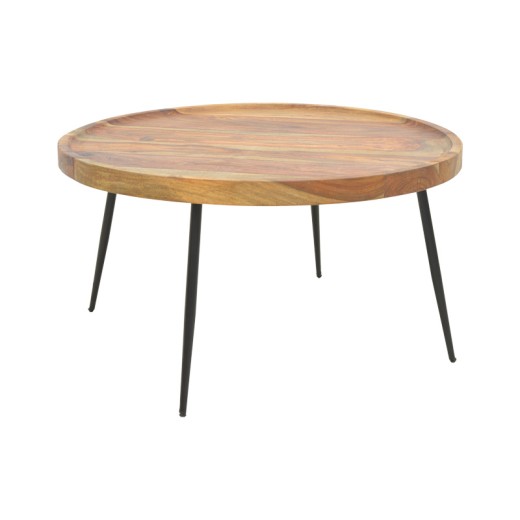 Τραπέζι σαλονιού Tavolo pakoworld μασιφ ξύλο sheesham σε καρυδί απόχρωση με μαύρα μεταλλικά πόδια Φ75x39εκ