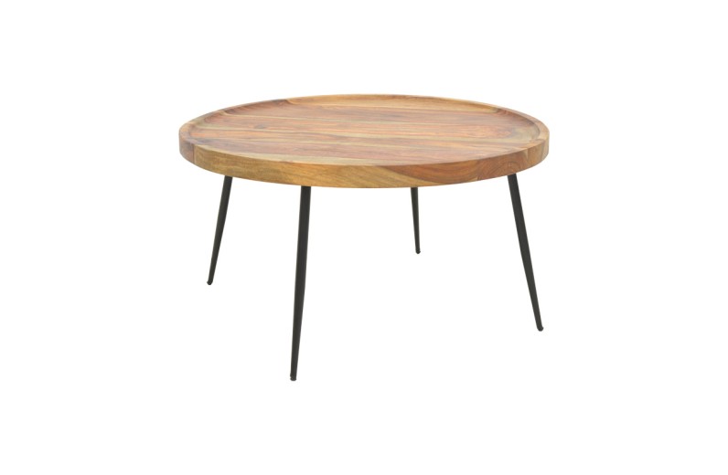 Τραπέζι σαλονιού Tavolo pakoworld μασιφ ξύλο sheesham σε καρυδί απόχρωση με μαύρα μεταλλικά πόδια Φ75x39εκ