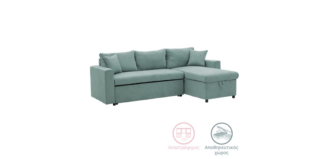 Γωνιακός καναπές-κρεβάτι αναστρέψιμος Lilian pakoworld ύφασμα πράσινο μέντας 225x148x81εκ